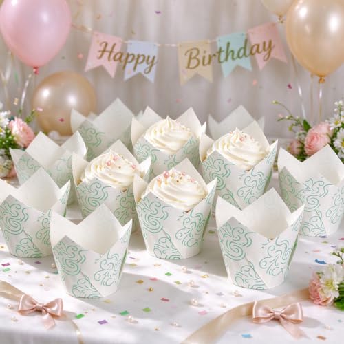250Pcs Tulip Cupcake Liners,Parchment Paper Cupcake Liner in Standard Size - color: White Green Cloud