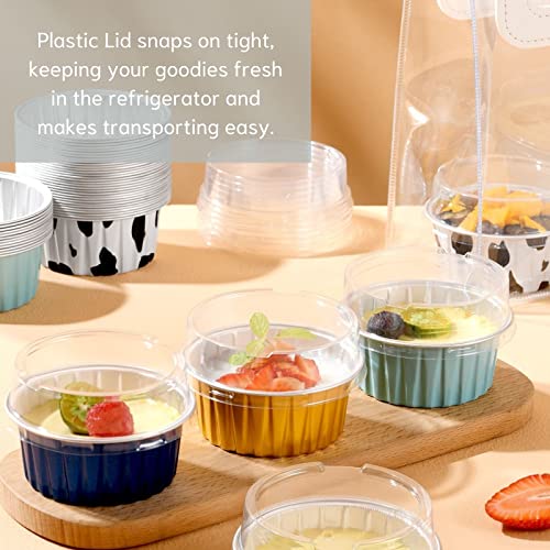 Mini Aluminum Foil Cupcake Baking Cups with Lids (40pcs, 5oz) Round Cupcake Foil Liners Tart Pie Tin Pan Holder - Disposable Mini Cake Containers Flan Molds for Pudding, Souffle, Party, Wedding - color: Black