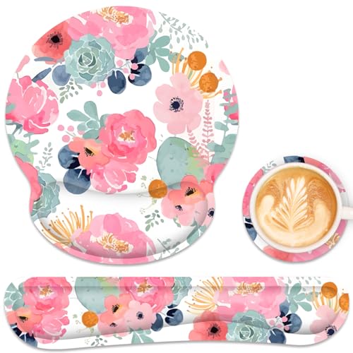 Ergonomic Mouse Pad with Wrist Rest and Keyboard Wrist Rest, Mousepad - color: Pink Floral