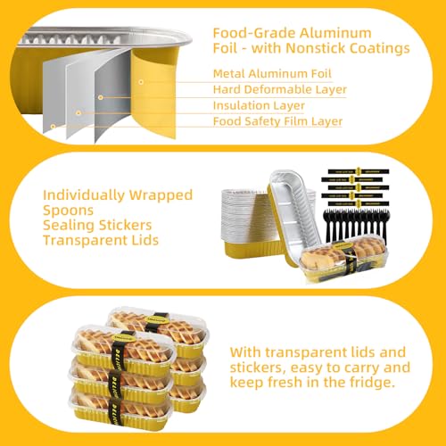 30 Pack Gold Mini Rectangular Aluminum Foil Loaf Pans with Lids 6.8oz, Spoons & Sealing Stickers Included - Perfect for Baking Mini Cakes, Parties & Gifting - color: Gold