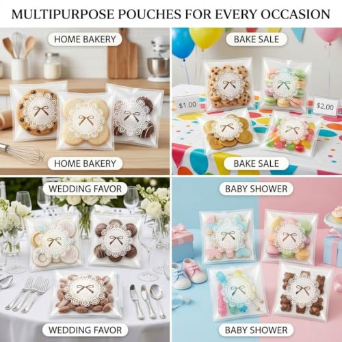 100 PCS Self Sealing Cookie Bags, Lace Bow, 4 x 4 Inch with 108 Stickers