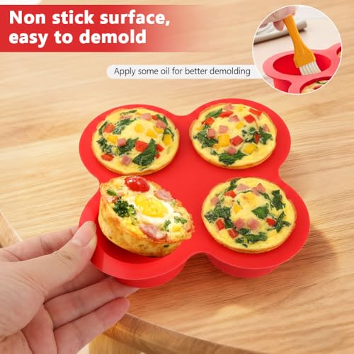 2 Pack Silicone Egg Bite Molds, with 1 Spatula & 1 Brush - color: Red
