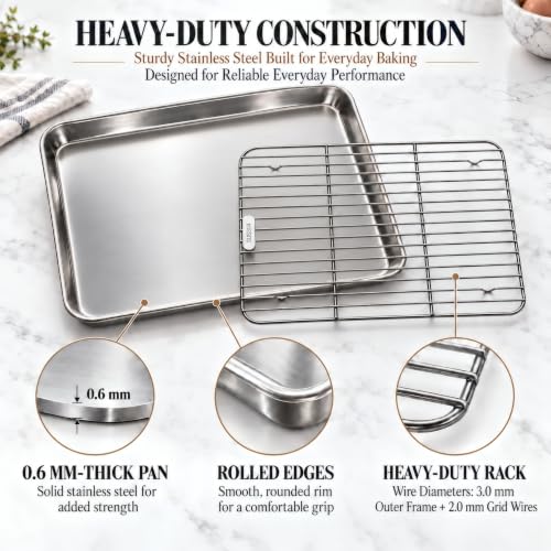 304 (18/8) Stainless Steel Flat Bottom Baking Sheet & Rack, 12.5 x 9.7 In - size: 12.5 × 9.7 in