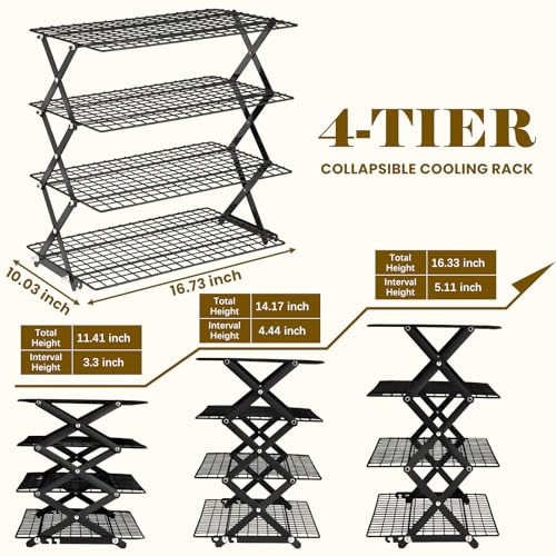 BEWOS 4 Tier Collapsible Cooling Rack - Adjustable Black Stainless Steel Baking Rack with Mesh Leak Proof, Foldable X-Shaped Structure Cooling Racks for Cooking and Baking - color: Black, size: 4 Tier