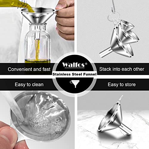 WALFOS Mini Stainless Steel Funnels, Multi-use Small Kitchen Funnel Set, for Transferring Liquid, Fluid, Essential Oils, Powder,Tiny Spices,Long-Lasting and Dishwasher Safe (3 in、2.2 in、1.7in) - color: 3pcs 3in+2.2in+1.7in Stainless Steel