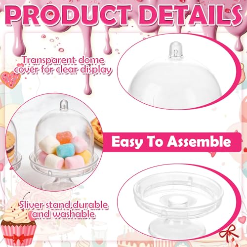48Pcs Mini Cake Stand, 3.1 x 2.2 in Mini Cake Stand with Dome, Clear Small Cake Stand with Lid for Chocolate, Candy, Macarons, Wedding, Birthday, Party, Sliver