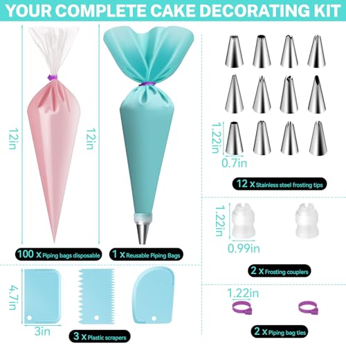 HOTEC Piping Bags and Tips Set, 120 Pcs Cake Decorating Kit with 100pcs 12 Inch Disposable Pastry Bags, 1 Reusable Piping Bags, 12 Piping Tips, 3 Cake Scraper, 2 Couplers, 2 Bag Ties, Baking Supplies - size: 12inch 120pcs