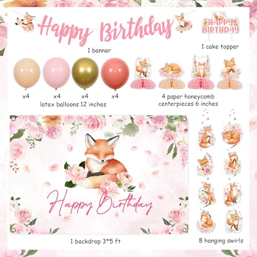 Pink Floral Fox Birthday Party Decorations Kit