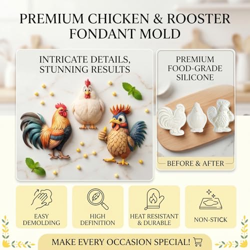 3Pcs Chicken Rooster Silicone Molds, 3D Farm Animal Fondant Molds - color: Chicken silicone mold