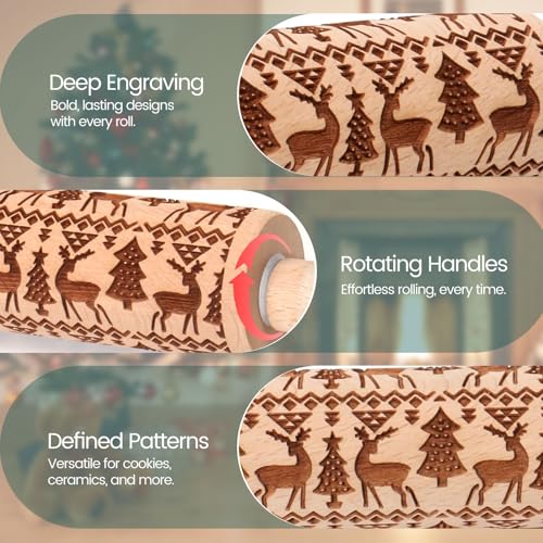 Christmas Embossed Rolling Pin for Baking Cookies Embossing Rolling Pins with Design Wooden Engraved Springerle Roller Pin Animal Dough Patterned Clay Pottery Ceramic Bakers Women (Reindeer & Tree) - color: Christmas Reindeer