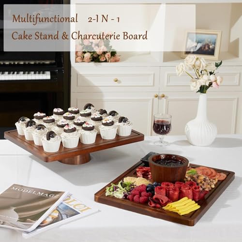 Acacia Wood Cake Stand with Lid,2-in-1 Large Rectangular Cake Stand,16*12" - size: Rectangular 17*13*9