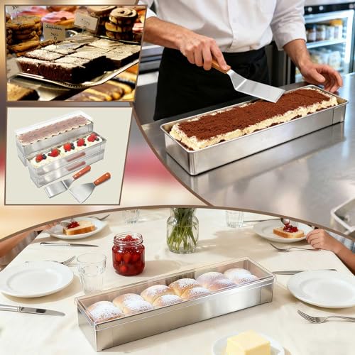 Blushtier 4 Pcs Nonstick Rectangle Tiramisu Cake Pan with Acrylic Lid and 2 Metal Spatula Removable Frame 304 Stainless Steel Cake Baking Molds for Tiramisu Cheesecake Mousse (15.75x3.94x2.56 Inch) - size: 15.75 x 3.94 x 2.56 Inch