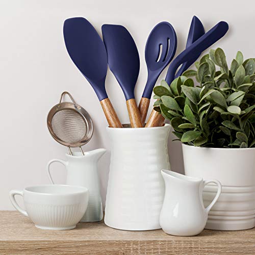 Non-Stick Silicone Kitchen Utensils Set with Natural Acacia Hard Wood Handle, 5 Piece, Midnight Blue, BPA Free, Baking & Serving Silicone Cooking Utensils - color: Midnight Blue