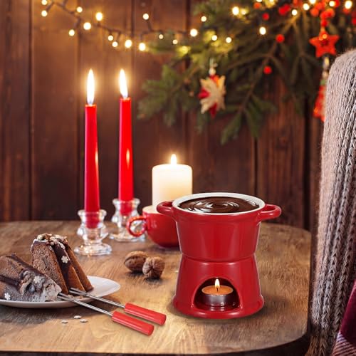 BSTKEY 300ML Ceramic Butter Warmer Set with 2 Forks, Fondue Pot Melting Pot Set, Melt Hot Pot Bowl Set for Cheese Chocolate Butter Caramel (Red) - color: Red