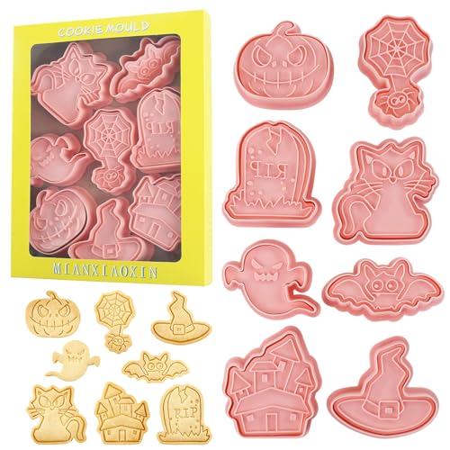 8Pcs Halloween Cookie Cutters 3D Pumpkin Ghost Bat Witch Hat Baking Tools - color: Halloween