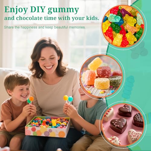 7Pcs Gummy Bear Molds Silicone, Nonstick Gummy Molds Includes Bear, 55 Cavity Round Molds, Dinosaur, Heart, Donut, Gummy Candy Chocolate Molds for Kids with 2 Droppers for Convenient Filling - color: 5 Set with Gummy Round