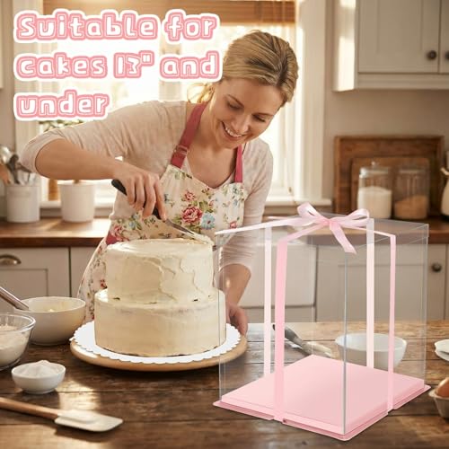 Watersay 6 Pack 12''x12''x13'' Pink Cake Box with Cake Boards and Ribbon - color: Pink, size: 12''x12''x13''