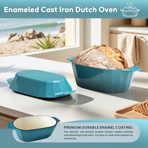 Enameled Cast Iron Dutch Oven for Bread Baking – 3QT Oval Round Heavy Duty Bread Pan with Lid, Non-Stick Ceramic Coating,Loaf Cast Iron Bread Oven for Sourdough, Baking, Roasting, Braising, Stovetop & Oven Safe - color: Blue