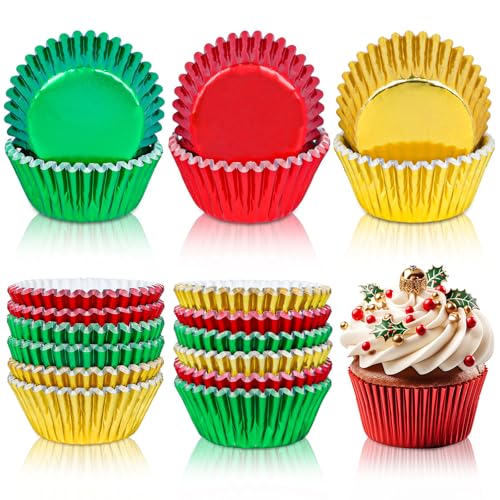 Whaline 150Pcs Christmas Foil Cupcake Liners Red Green Gold Foil Metallic Cupcake Wrappers Muffin Liners for Christmas Holiday Party Supplies Table Decor - color: Red Green Gold