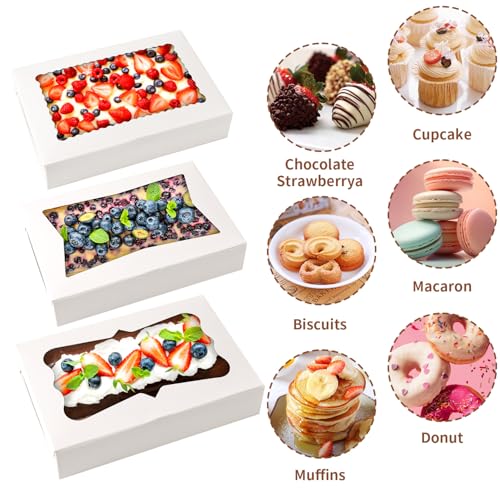 12pcs 12x8x2.5 Inches Bakery Boxes,Cookie Boxes with 3Style for Window,Sturdy Large Treat Box For Chocolate,Strawberries,Dessert,Cakes,Donuts,pastry|350gsm Food-grade Thickness Cardboard - color: White/12pcs