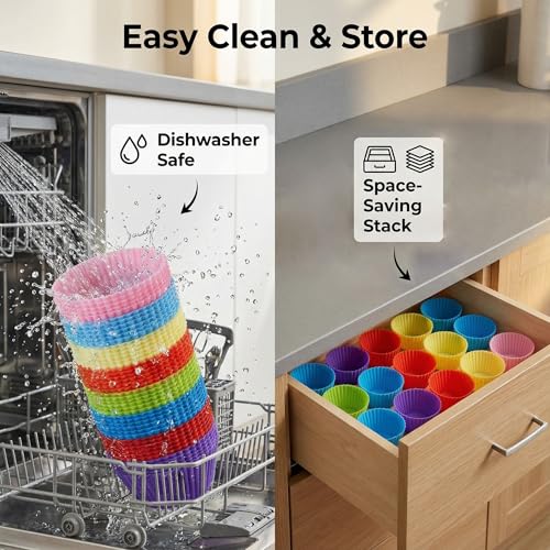 Reusable Silicone Cupcake Liners, BPA Free Silicone Muffin Cups for Baking, Oven Microwave Air Fryer Safe, 2.75 x 1.7 x 1.2 Inches, Dishwasher Safe Baking Cups, 8 Rainbow Colors, 24 Pack - color: Pink, Blue, Yellow, Orange, Green, Purple, Red, Peacock Blu