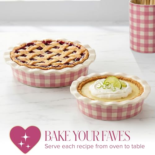 Paris Hilton Ceramic Pie Dish Set, 7-Inch and 9-Inch Stoneware Baking Dishes with Fluted Rim and Gingham Design, Oven Safe up to 450°F, 2-Piece, Pink - size: 2-Piece