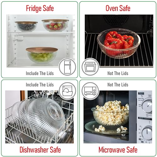 Set of 3 Stackable Space-Saving Nesting Glass Salad Bowls with Acacia Lids for Foodprep, Storage, Baking, Mixing & Cooking - Microwave Safe Durable Inert Borosilicate Glass