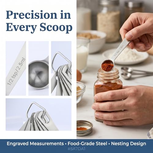 Stainless Steel Measuring Set, Stackable Design Metal Cups and Spoons, Engraved Markings for Dry and Liquid Ingredients 7PCS Silver(spoon) - color: Silver(spoon), size: 7PCS