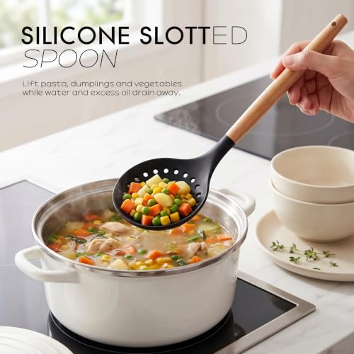 oannao Silicone Cooking Utensils Set Utensil Sets - 446°F Heat Resistant Silicone Kitchen Utensils Set Wooden Handles, Silicone Utensils for Cooking w Holder for Non-Stick Cookware BPA FREE (Black) - color: Black