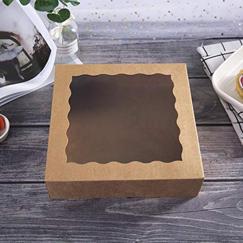 ONE MORE [15pcs] 10inch Kraft Bakery Boxes, Large Pie Boxes with PVC Window Natural Disposable Box for Cookie 10x10x2.5inch,Pack of 15
