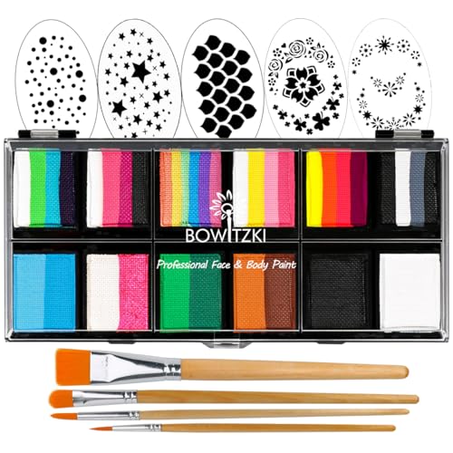 Bowitzki Face Paint Kit for Kids Split Cake Professional Body Painting Stencil One Stroke Non Toxic Rainbow Flora Unicorn Makeup Halloween Christmas Easter - Carnival