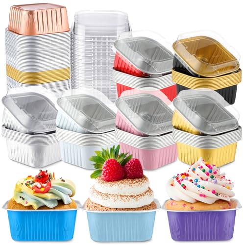 Skylety 100 Pcs 5oz Mini Square Cake Pans with Lids, Mixed Color - color: Mixed Color