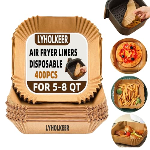 LYHOLKEER Air Fryer Liners Disposable, 400Pcs Nonstick Square Parchment Paper Liners for 5–8 Qt Air Fryers, Compatible with Ninja, Cosori, Chefman, Instant Pot, Oil-Resistant for Easy Cleanup - size: 400PCS 8in Square for 5-8 QT
