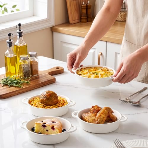 Foraineam 6-Pack Oval Porcelain Ramekins, 10 Ounce Ceramic Creme Brulee Souffle Baking Ramekin Dishes Bowl with Double Handles, Dishwasher and Oven Safe