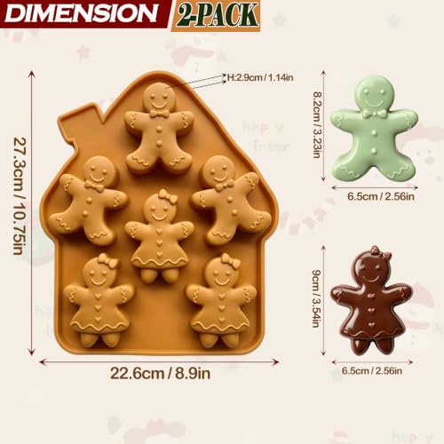 2‑Pack Christmas Silicone Molds for Baking Large Gingerbread Man Silicone Chocolate Molds Holiday Soap Candle Molds for Ice Cube Jelly Mini Cake Resin DIY Crafts - color: Brown-Gingerbread man