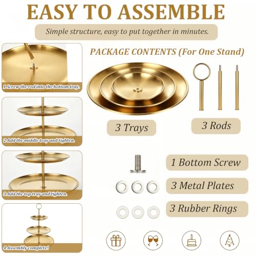 ABuff 3 Tiered Gold Cupcake Stand 2 Pack Stainless Steel Gold Tiered Dessert Stand Cupcake Display Tower 3 Tier Serving Tray Cake Stand for Baby Shower Birthday Party Wedding, Small