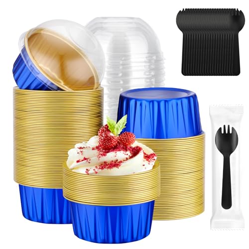 EUSOAR Mini Cake Pans with Lids and Sporks Individually Wrapped, 120pcs 5oz Creme Brulee Ramekins Disposable Cupcake Liners, Foil Ramekins Muffin Dessert Baking Cups for Wedding Picnic Gathering - color: Royal Blue/Gold