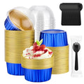 EUSOAR Mini Cake Pans with Lids and Sporks Individually Wrapped, 120pcs 5oz Creme Brulee Ramekins Disposable Cupcake Liners, Foil Ramekins Muffin Dessert Baking Cups for Wedding Picnic Gathering - color: Royal Blue/Gold