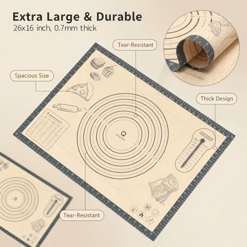 Silicone Baking Pastry Dough Mat - 26x16Inch Extra Large Cookie Bread Rolling Mats Sheet, Nonstick Kitchen Counter Kneading Board,Thick Reusable Pie Cookies Pizza Fondant Making Matt Measurement(Gray) - size: 16"W x 26"L