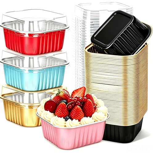 60Pack 5oz Mixcolor Mini Cake Pans with Lids Baking Cups Aluminum Foil Pans Tins, Individual Dessert Cups Containers for Sales,Party,Picnics - color: Mixcolor