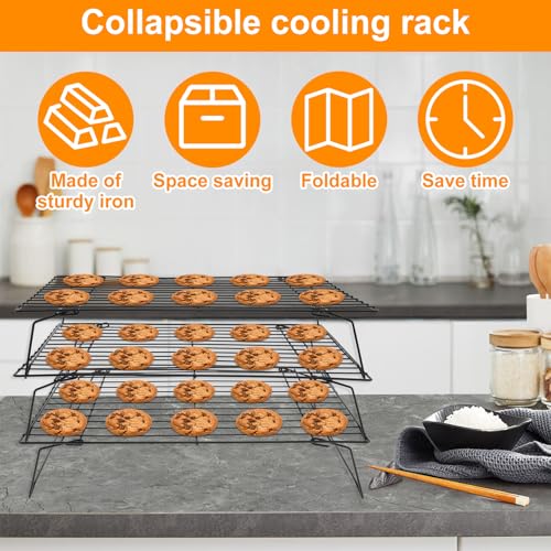3-Tier Stackable Cooling Racks for Cooking and Baking,13.4”x 9.4”Collapsible Baking Cooling Rack,Non-Stick Cookie Cooling Rack,Space Saving Cooling Rack for Cookies Cupcakes Pies Baking
