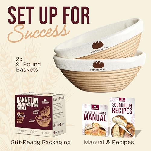 Superbaking Sourdough Banneton Bread Proofing Basket, 9" Round, Set of 2