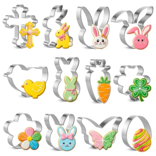 Easter Cookie Cutter Set, 12 Pieces Easter Bunny Cookie Cutter Set for Baking - Carrot, Bunny Face, Leaf, Egg, Flower, Butterfly Shapes Holiday Themed Party Supplies