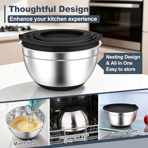 TeamFar Mixing Bowls, Stainless Steel Salad Bowls with Lids - Black - color: Black