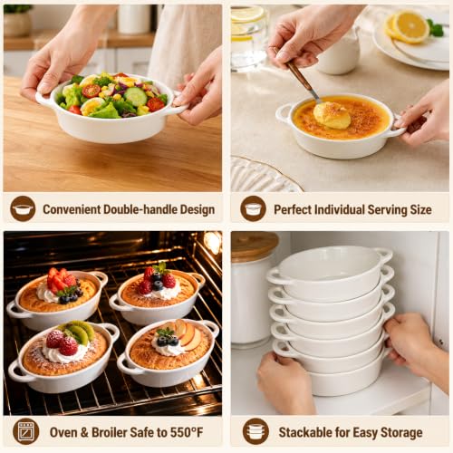 Foraineam 6-Pack Oval Porcelain Ramekins, 10 Ounce Ceramic Creme Brulee Souffle Baking Ramekin Dishes Bowl with Double Handles, Dishwasher and Oven Safe