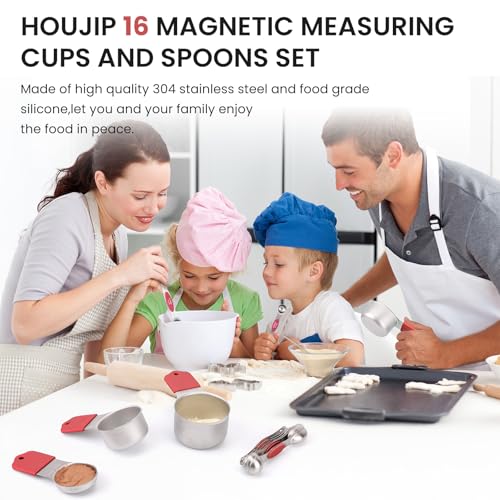 Magnetic Measuring Cups and Spoons Set-Heavy Duty 304 Stainless Steel - color: Red