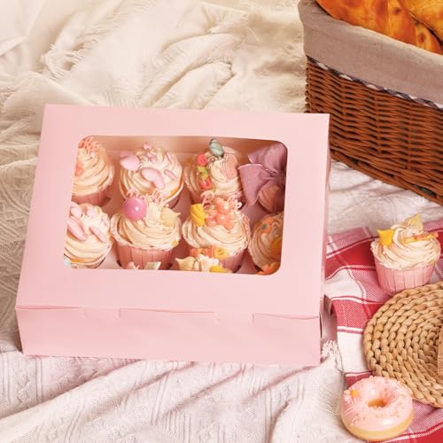 Moretoes 3PCS Pink Cupcake Boxes with Window(12 Count Cupcake Containers) - color: Pink
