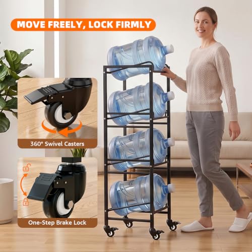 5 Gallon Water Jug Holder with 4 Locking Casters, 4-Tiers Water Jug Stand - size: 4 Tier-Single Row