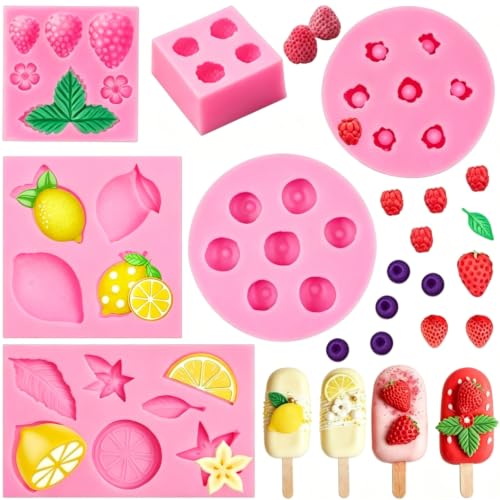 Strawberry Silicone Fondant Mold,Blueberry Lemon Piece Fruit Chocolate Molds 5PCS for Cake Cupcake Topper Candy Candle Polymer Clay - style: Fruit Molds 6pcs