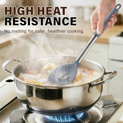 5Pcs Silicone Cooking Utensils Set, Heat Resistant Kitchen Tools Include Solid&Slotted Spatula, Cooking Spoon and Pasta Server, Silicone Kitchen Utensils set for Nonstick Cookware Flipping, Gray - color: Gray